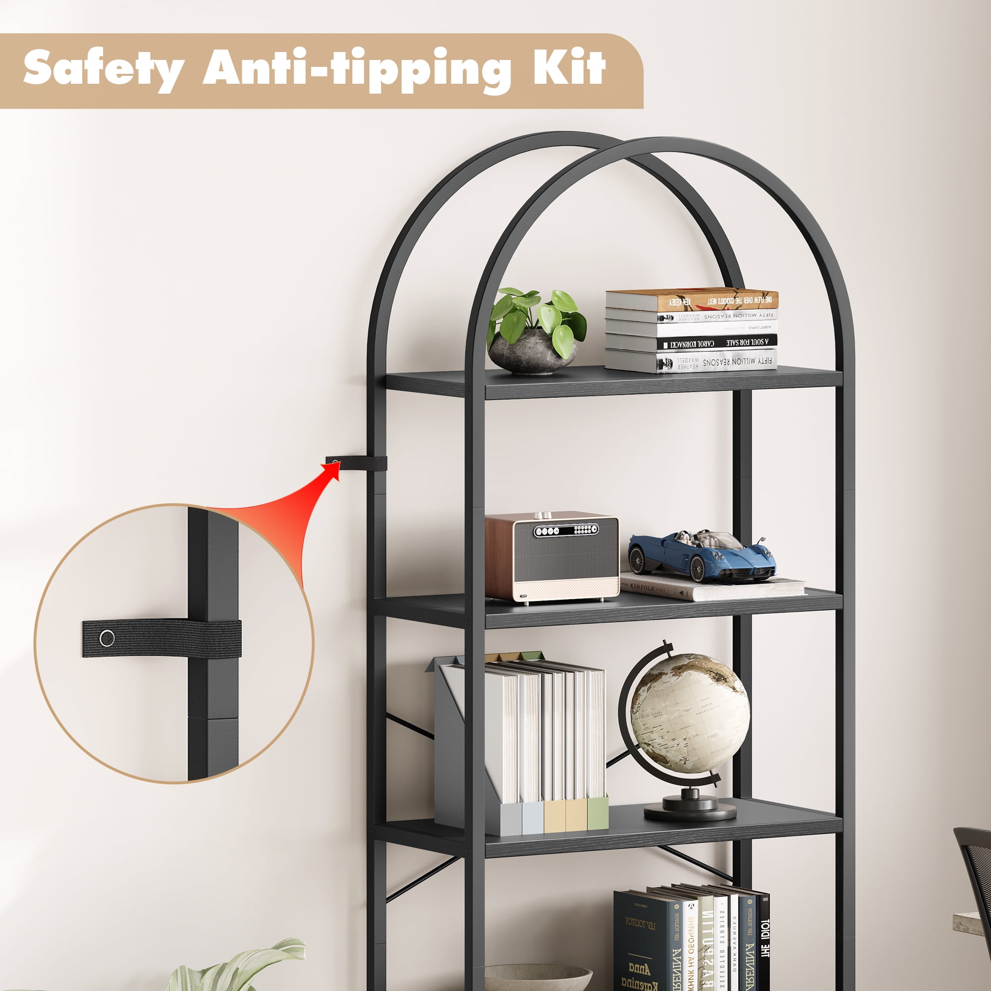 Riedhoff 5 Tier Bookcase, Arched Display Rack, Metal Frame, Modern Storage Rack Shelf, Black