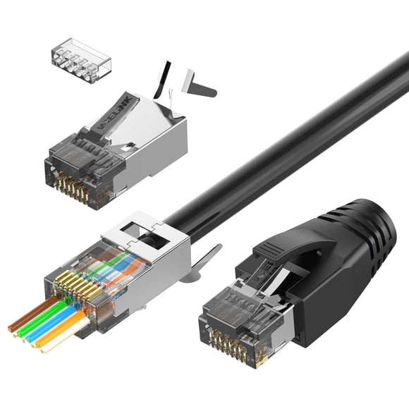 VCELINK Cat7 RJ45 Connectors Pass Through, 30 Pack Shielded Modular Plug for Cat7/Cat6A Network Cables, Ethernet Ends with Strain Relief Boots, Black