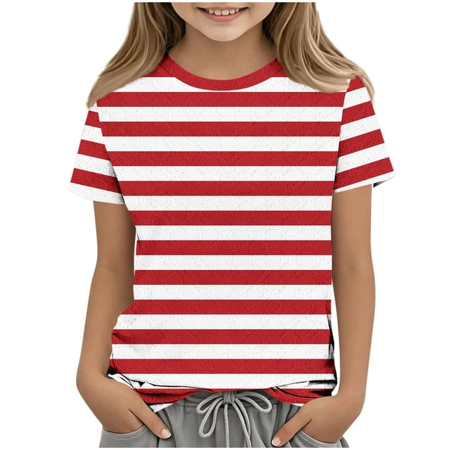 Zpanxa T Shirts for Girls Solid Color Round Neck Loose Fit Print Pattern Top Polyester Spandex 7-8 Years