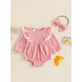 thumbnail image 2 of Suealasg Baby Girl Fall Romper 3 6 12 18 Months Infant Girl Long Sleeve Lace Ruffled Trim Ribbed One Piece Bodysuit +Headband Set Newborn Girl Autumn Clothes, 2 of 7