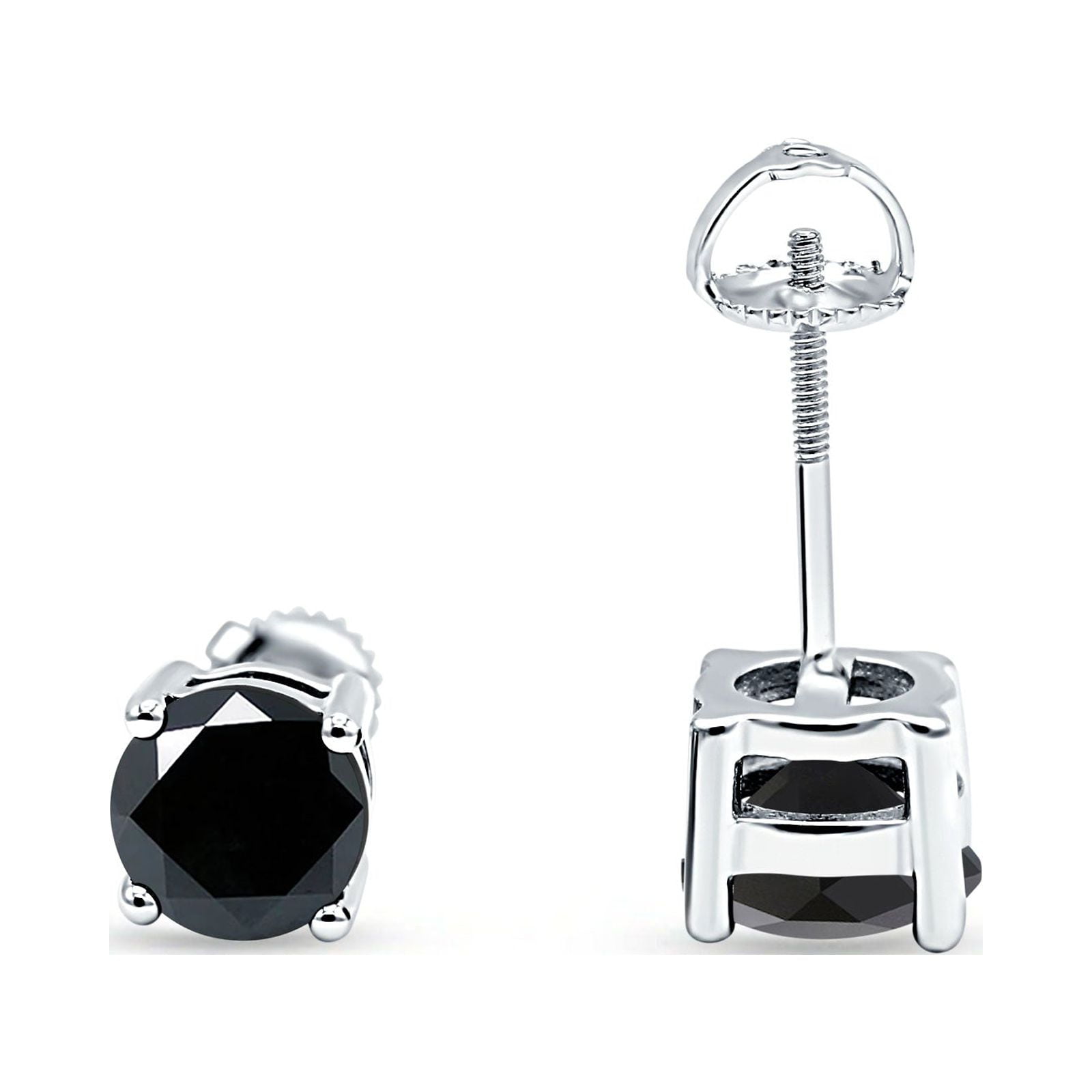 4mm Solitaire Screw Back Stud Earring Round Simulated Black CZ Solid 925 Sterling Silver