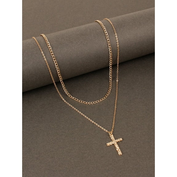 Layered Double Chain Cross Pendant Necklace In Yellow Gold