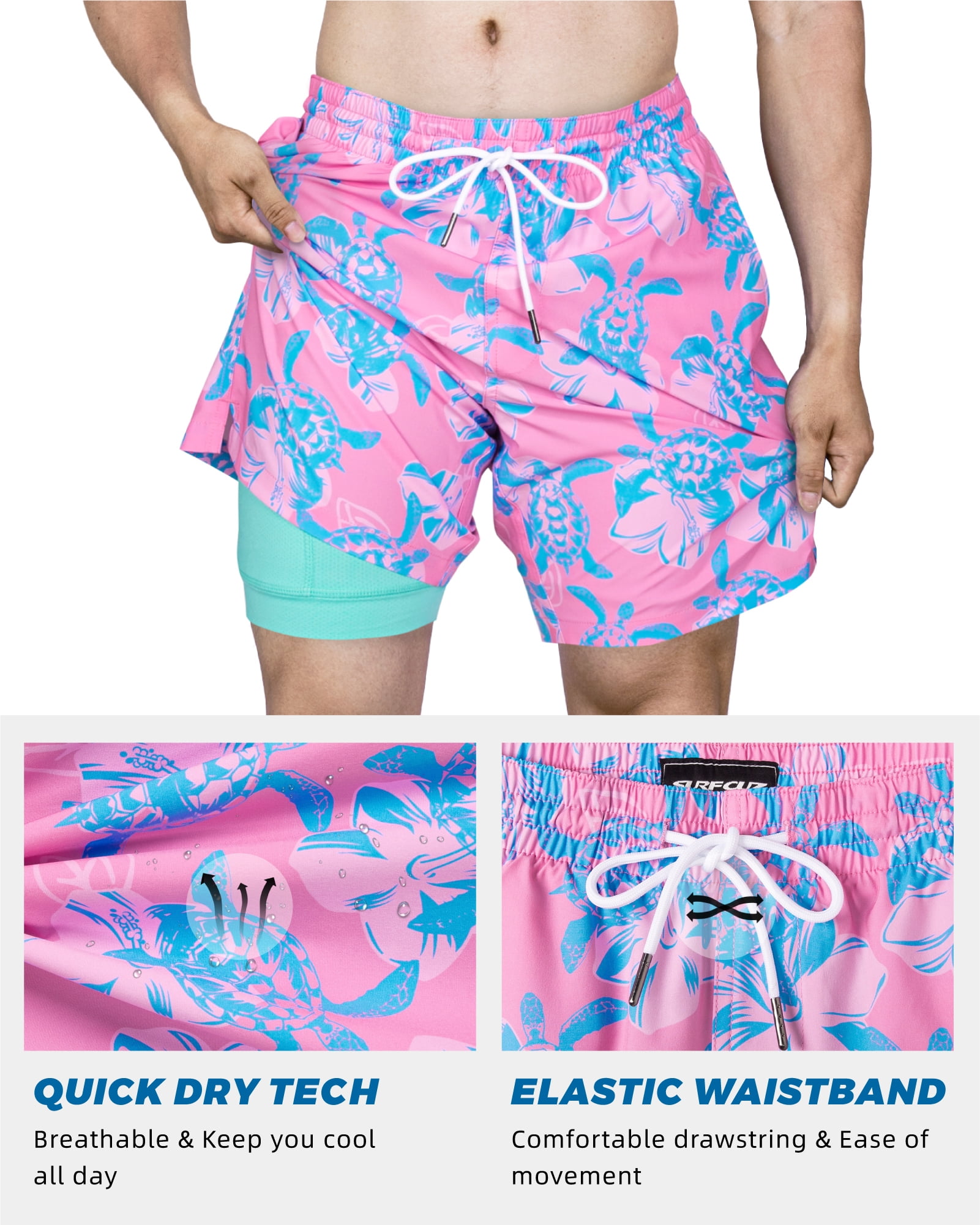 SURF CUZ Mens Swim Trunks with Compression Liner Quick Dry Swim Shorts 7" Swimming Trunks Stretch Bathing Suit Boardshorts Zipper Pockets Pink Blue Turtles Large