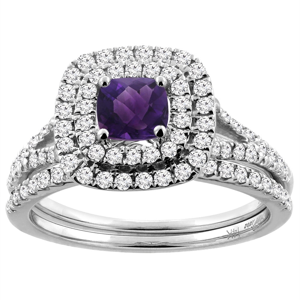14K White Gold Diamond Halo Natural Amethyst 2pc Engagement Ring Set Cushion 6x6 mm, size 7 by Gabriella Gold