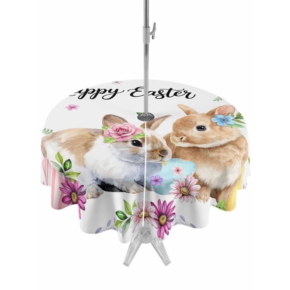 Happy Easter Outdoor Tablecloth - 60 Inch Round Dining Table Cover, Cute Rabbits Eggs Daisy Flowers Plants Watercolor Waterproof Outdoor Table Cloth with Umbrella Hole & Zipper for Picnic/Patio/Party