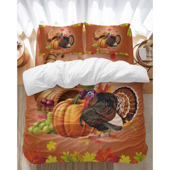 Thanksgiving Turkey Pumpkin Bedding Duvet Cover Set Twin Size 4 Pieces Fall Maple Leaves Harvest Bedding Set with Zipper Closure, 1 Comforter Cover 68x86 Inches 1 Flat Sheet & 2 Pillow Cases
