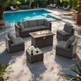 thumbnail image 3 of ALAULM 8 Pieces Outdoor Patio Furniture Set with Propane Fire Pit Table Outdoor Sectional Sofa Sets Patio Furniture 43" Gas Fire Pit Brown PE Rattan Patio Conversation Set w/6 Cushions, Gray, 3 of 10