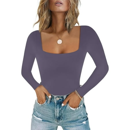 Women s Sexy Square Neck Short Sleeve Bodysuit Tops Double Lined Thong Bodysuit