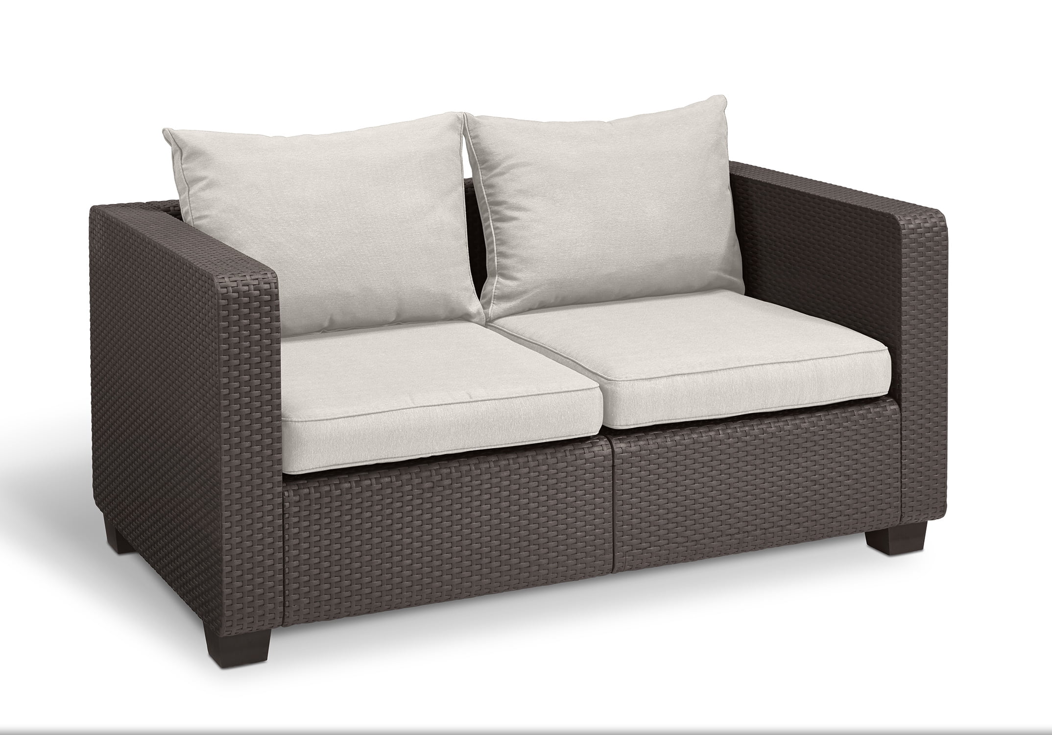 Keter Salta Loveseat Brown With Sunbrella Cushions Resin Outdoor Patio Furniture