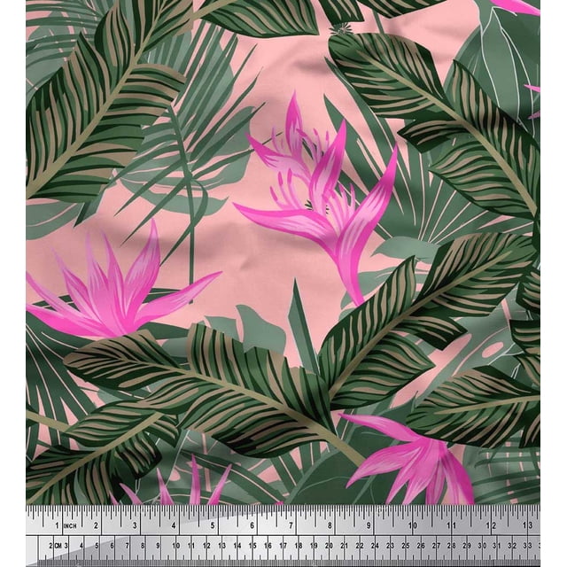 Soimoi Modal Satin Fabric Floral & Leaves Tropical Decor Fabric Printed Yard 42 Inch Wide