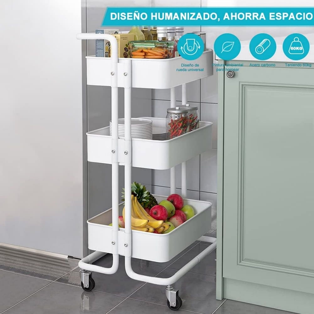 Kadyn 3 Tier Utility Carts with Lockable Wheels, Metal Rolling Cart with Handle, Storage Organizer Trolley Cart for Bathroom, White Kadyn 3 Tier Utility Carts with Lockable Wheels, Metal Rolling Cart with Handle, Storage Organizer Trolley Cart for Bathroom, White