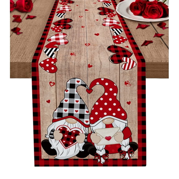 Valentine's Day, Table Runner 36 Inches, Gnomes Love Plaid Farmhouse Brown Woodgrain Bed Runner Dresser Scarves Tabletop for Indoor Outdoor Parties/Ceremony/Banquet, 13"x 36"