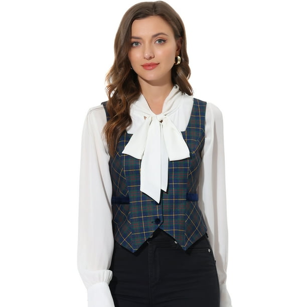 Chaqueta de cuello cuadrado a cuadros de tweed para mujer Chaleco de chaleco vintage Verde L