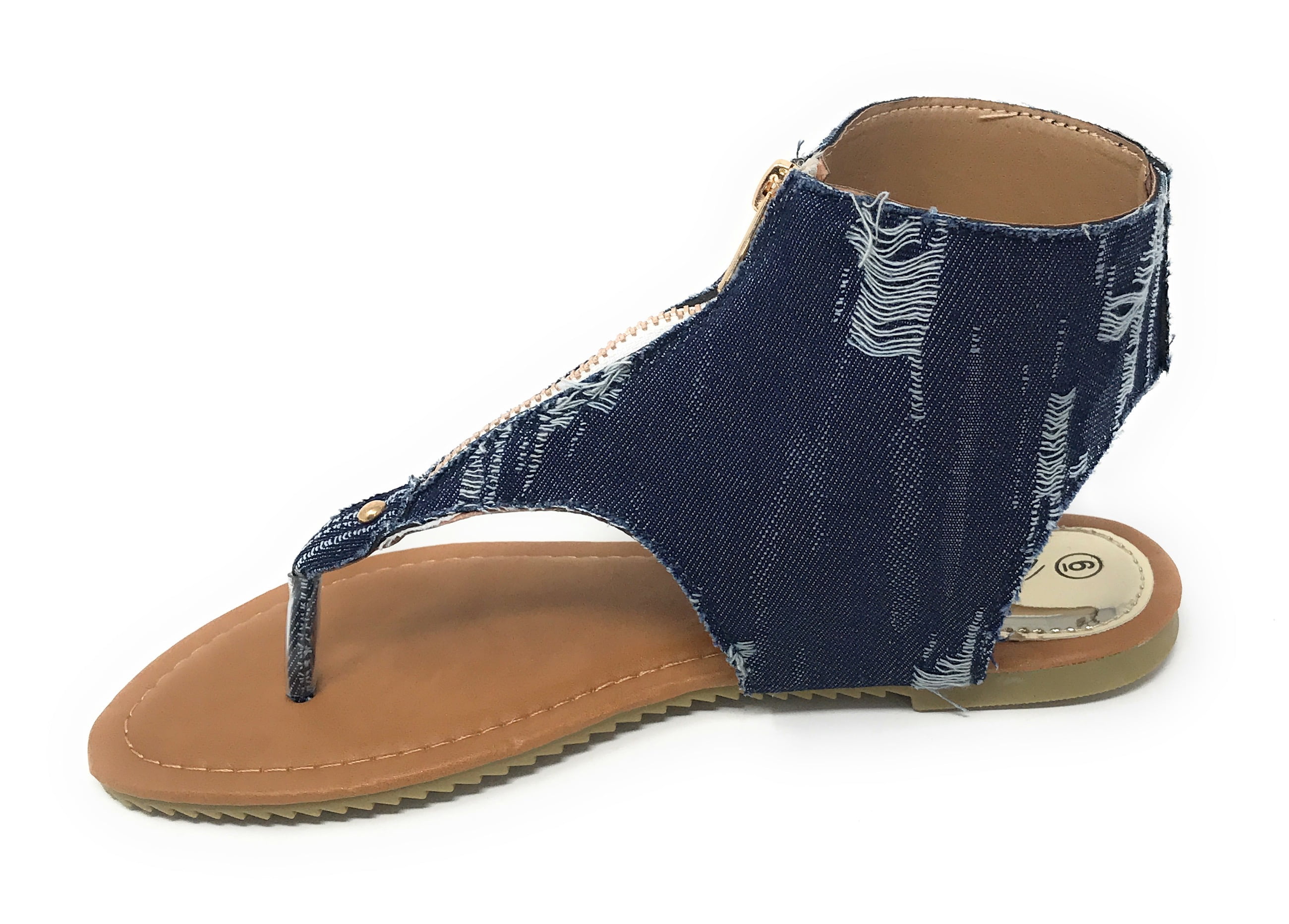 Victoria K Women's Distress Denim Zip Front Sandals