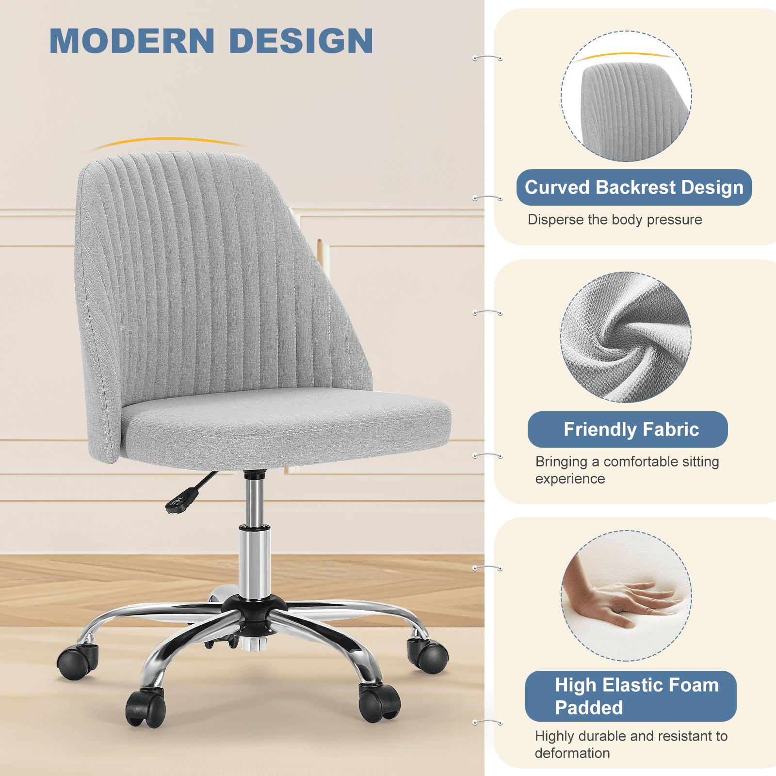 MCQ Home Office Desk Chair, Office Chairs Desk Chair Rolling Task Chair Computer Chair Adjustable with Wheels Armless for Bedroom, Vanity Chair for Makeup Room, Living Room