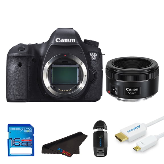 Canon EOS 6D DSLR Camera + Canon 50mm STM Lens + SD Card + Pixi Starter Bundle Kit