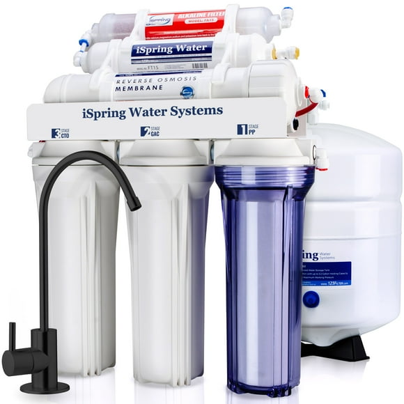 iSpring RCC7AK-BLK, NSF/ANSI 58 Certified, Alkaline 6-Stage Reverse Osmosis System with Stylish Black RO Faucet, pH+ Remineralization RO Water Filter System Under Sink