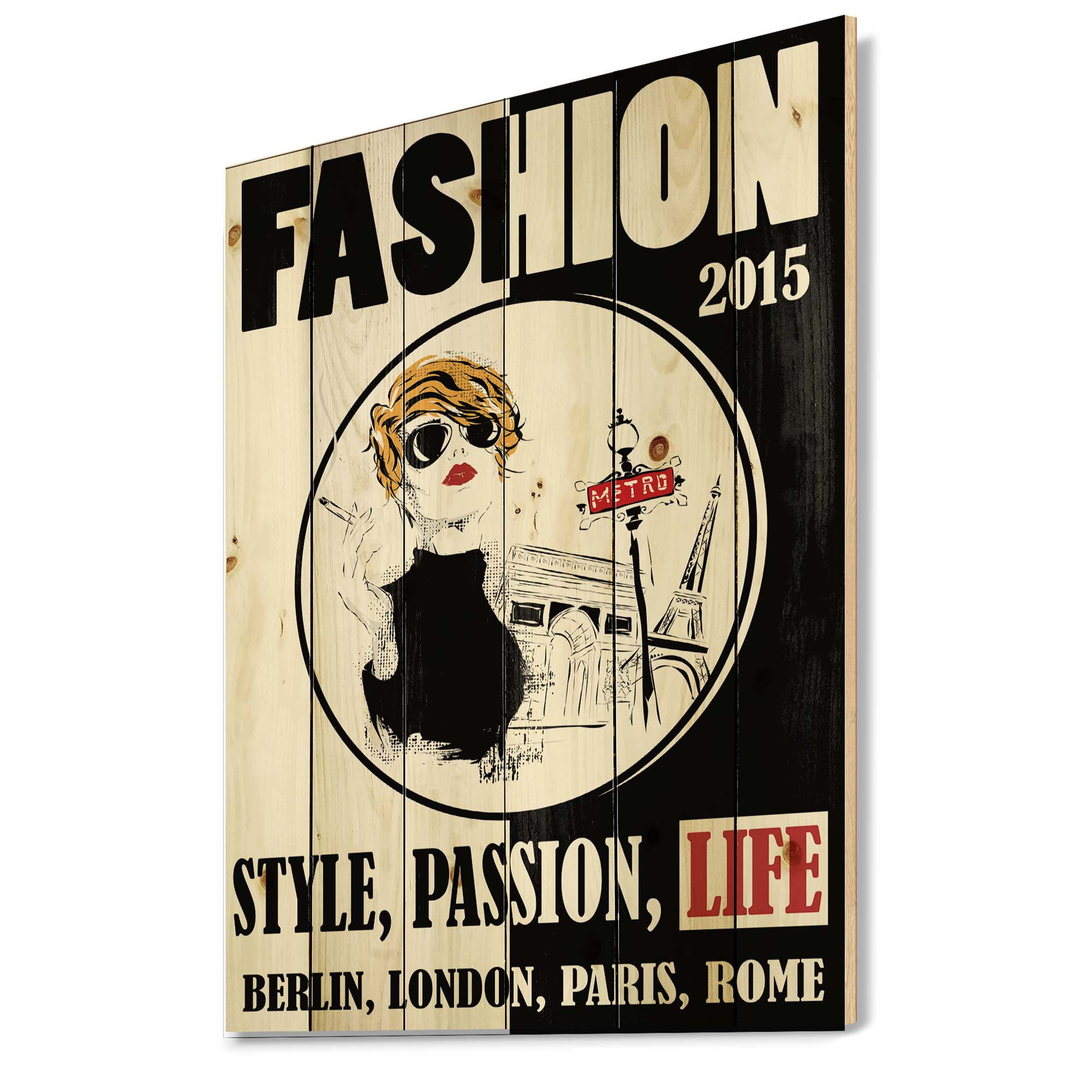 Designart 'Style Passion Life Fashion Woman I' Vintage Print on Natural Pine Wood
