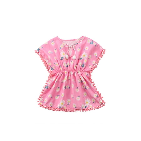 

Vigorbear Toddler Girls Swim Cover Up Beach Swimwear Batwing Sleeves One-piece Beachwear Wraps with Pom Pom Trim Summer Sundress