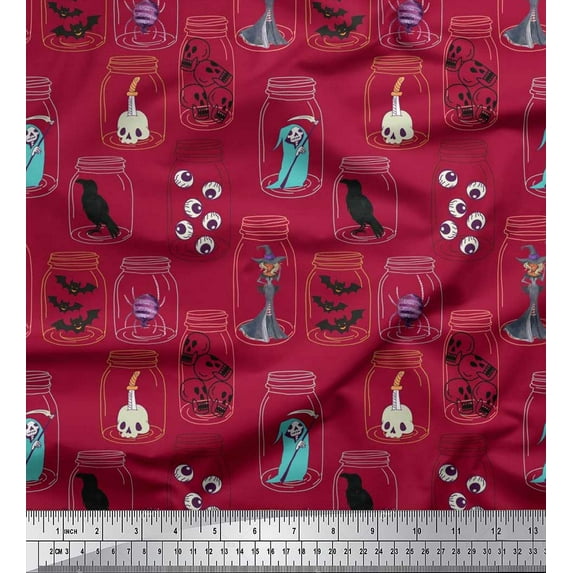 Soimoi Satin Silk Fabric Ghost,Skull & Witch Halloween Print Fabric by The Yard 42 Inch Wide