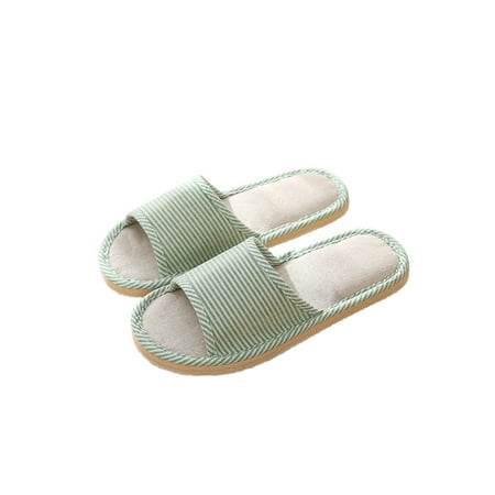 

Daeful Women/Men House Slippers Open Toe Slide Sandals Slip On Slides Floor Linen Non-slip Flax Home Shoes Green Stripe 5.5-6