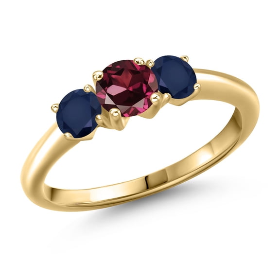 Gem Stone King 10K Yellow Gold Red Rhodolite Garnet and Blue Sapphire Engagement Ring for Women | 1.30 Cttw | Round 5MM | Gemstone January Birthstone | Size 6