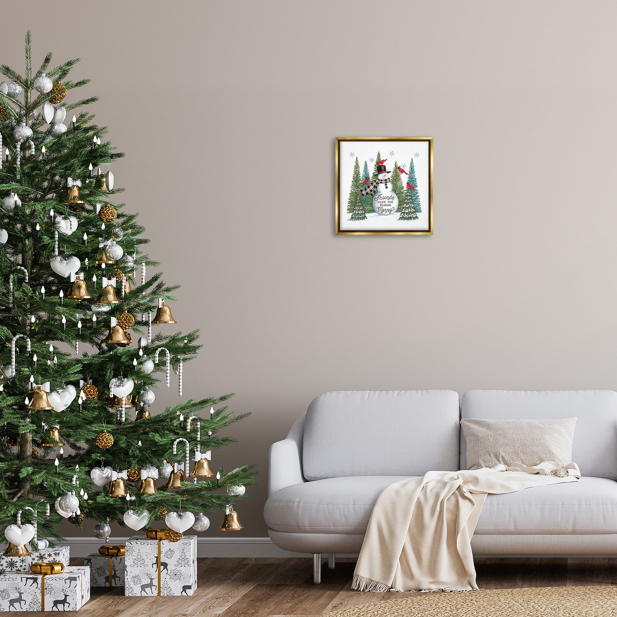 Stupell Industries Winter Friendship Snowman Holiday Painting Gold Floater Framed Canvas Art Print Wall Art, 18 x 18