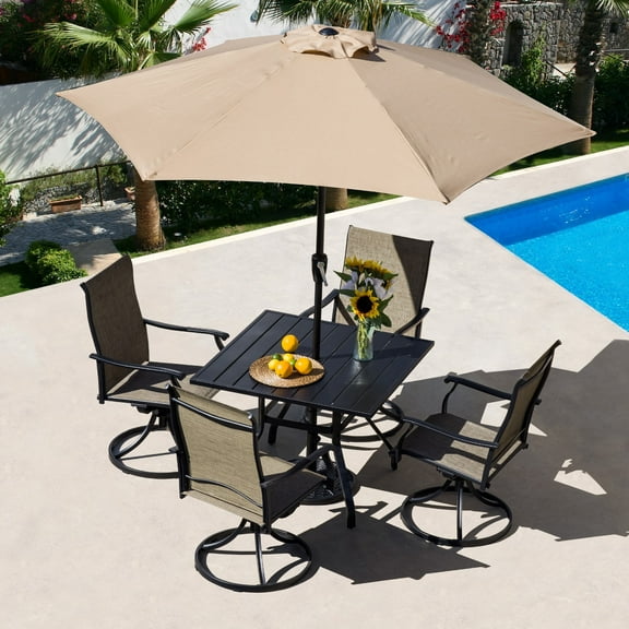 Sour Citrus 7-Piece Outdoor Patio Dining Set Swivel Patio Chairs Square Outdoor Table With Umbrella Hole Stranded Umbrella Heavy-Duty Umbrella Base Ideal for Garden, Backyard, Poolside