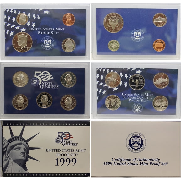1999 Proof Set - U.S. Mint 9-Coin Clad Set - First Year of State Quarters - Includes COA & OGP