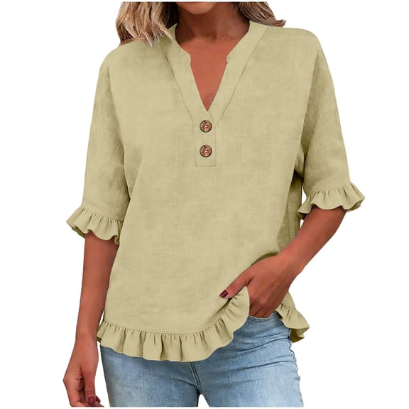 RMGVDSD Womens Summer Tops 3/4 Sleeve V Neck Button Down Shirts Ruffled Hem Solid Color Casual Basic Shirt Everyday Comfort Tees Versatile Shirt Top