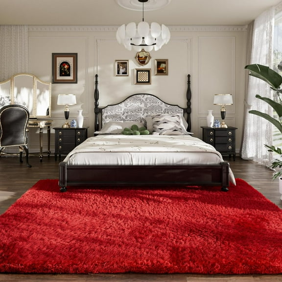 Area Rugs for Living Room, Fluffy Red 8x10 Clearance Bedroom Rug, Large Throw Shag Carpet for Nursery, Kids, Playroom Home Decor