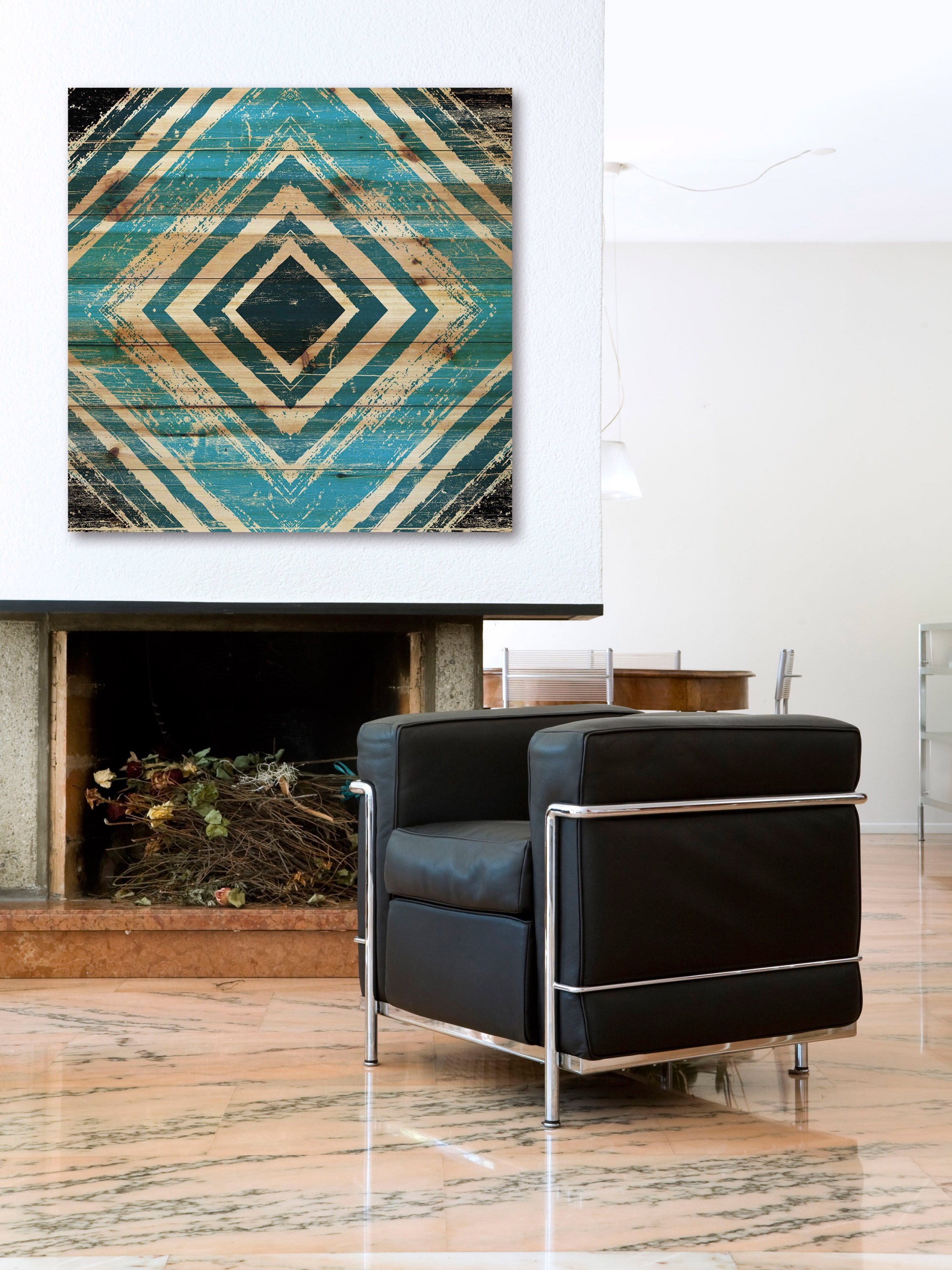 "Blue Square Rings" Painting Print on Natural Pine Wood