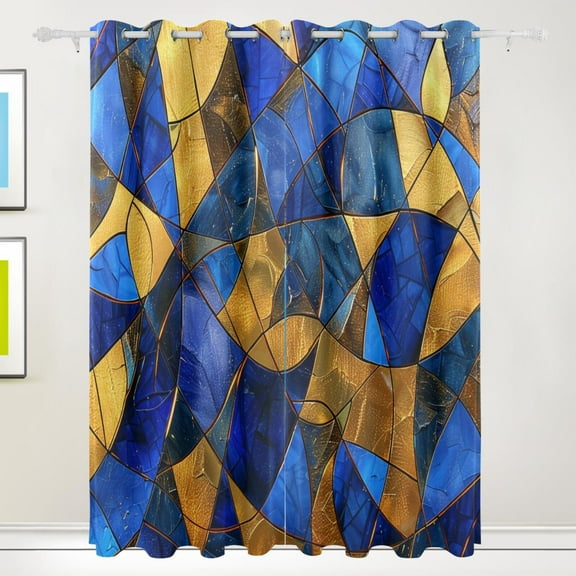 Blue Gold Mosaic Black Out Curtains 84 Inch Length Curtains for Sliding Glass Doors Bedroom Living Room 2 Pack
