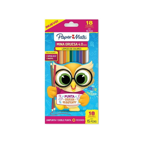 Lápices de Colores Paper Mate Redondos 4.0mm 12 Piezas Unipunta + 3 Piezas Doble Punta