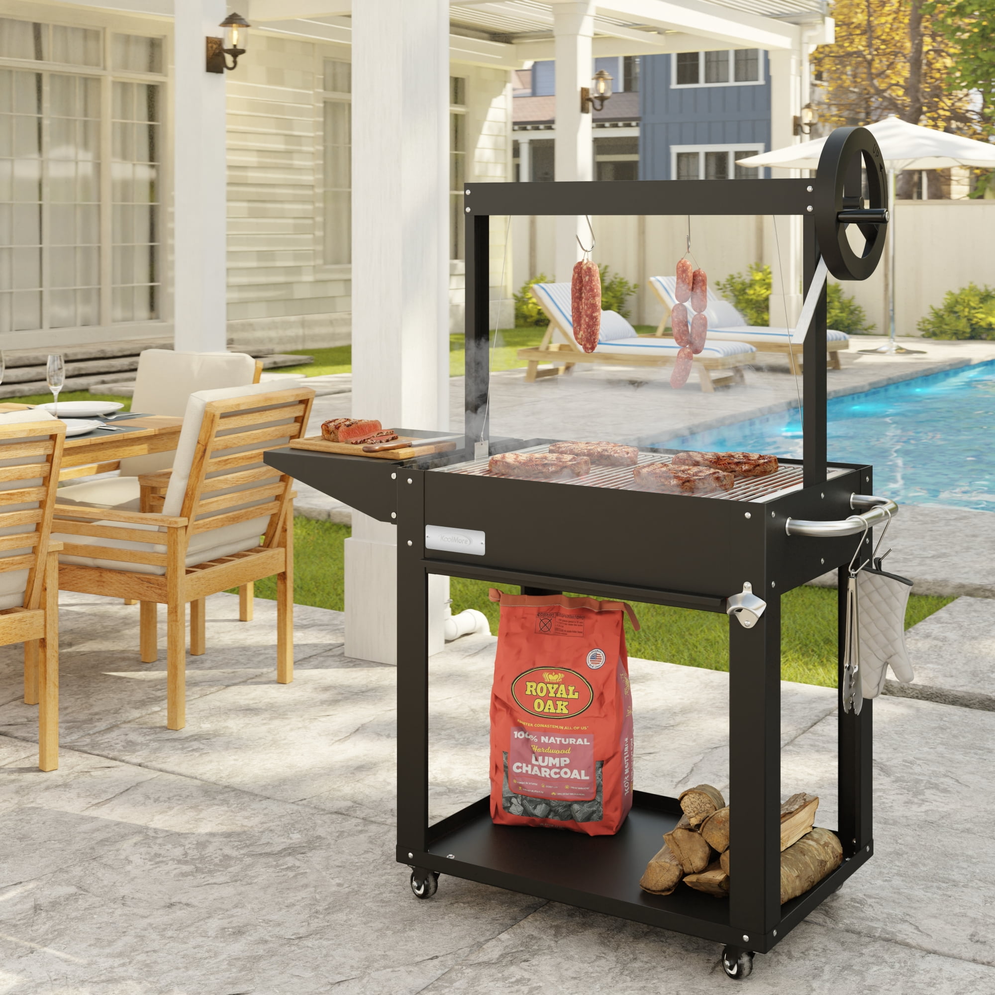 50 in. Argentine Charcoal Grill, Adjustable Grate Outdoor BBQ, in Black (KM-OG-A-45)