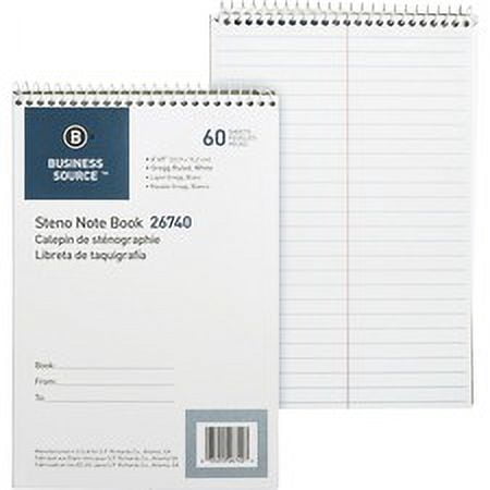Business Source Steno Notebook - 60 Sheets - Wire Bound - Gregg Ruled - 15 lb Basis Weight - 6" x 9" - White Paper - Stiff-back - 1 Each | Bundle of 5