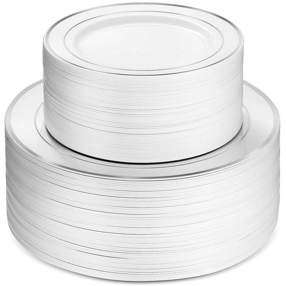 100 Piece Plastic Party Plates White Silver Rim. 50 Premium Heavy Duty ...