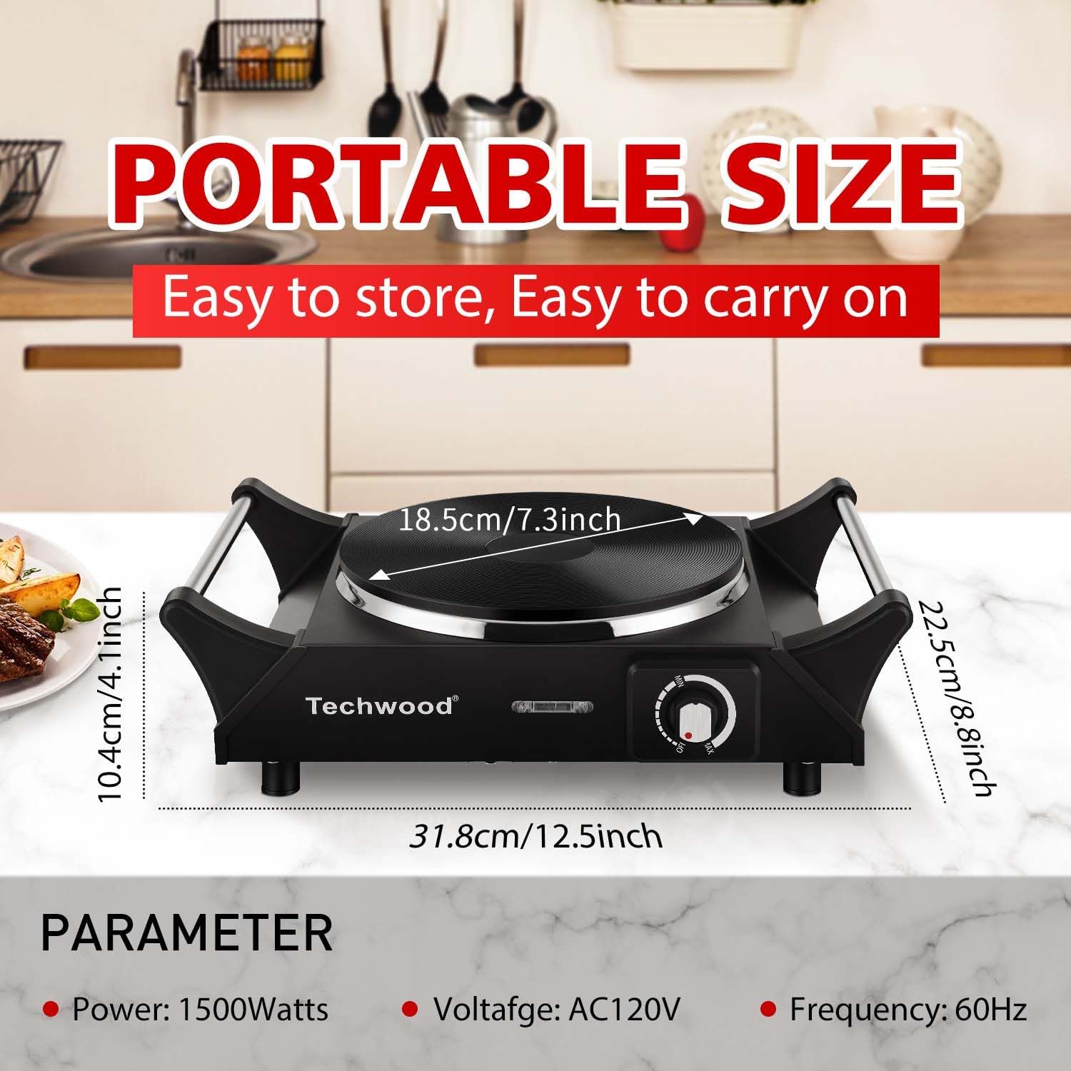 Hot Plate Portable Electric Stove 1500W Countertop Single Burner with Adjustable Temperature & Stay Cool Handles, 7.3” Cooktop for Dorm Office/Home/Camp, Compatible for All Cookwares