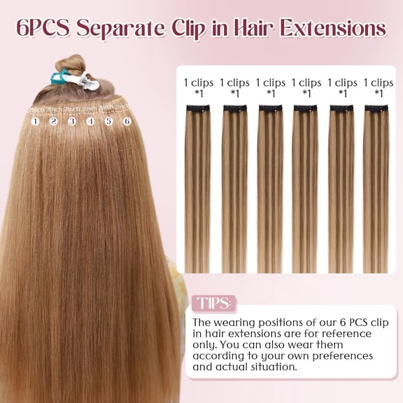 JINYUN-6Pcs Clip in Human Hair Extensions,Remy Single Short Clip in Hair Extensions 6Pcs 6clips Straight Medium Brown/Dark Blonde Seamless Hairpieces for Women 12Inch 33g