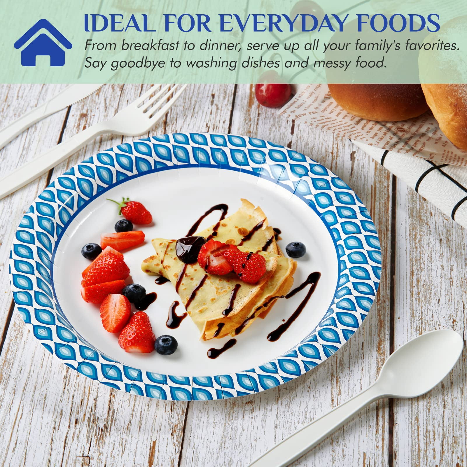 10 Inch Disposable Paper Plates 150 Count (Pack of 1) Blue Edge Print