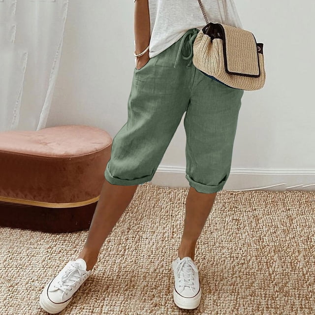 Womens Fashion Solid Large Pocket Elastic Casual Pants Pocket Capris Womens Casual Pants Elastic Waist with Pockets Long Pants Rompers for Women Casual Printed Pants for Women Casual Track Women