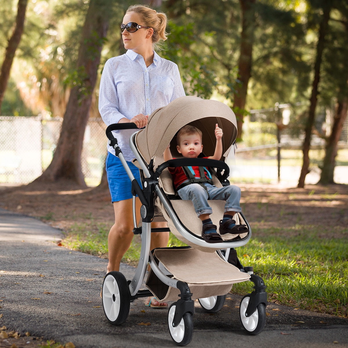 Infans Aluminum Infant Reversible Outdoor Foldable Stroller W/Diaper Bag Beige
