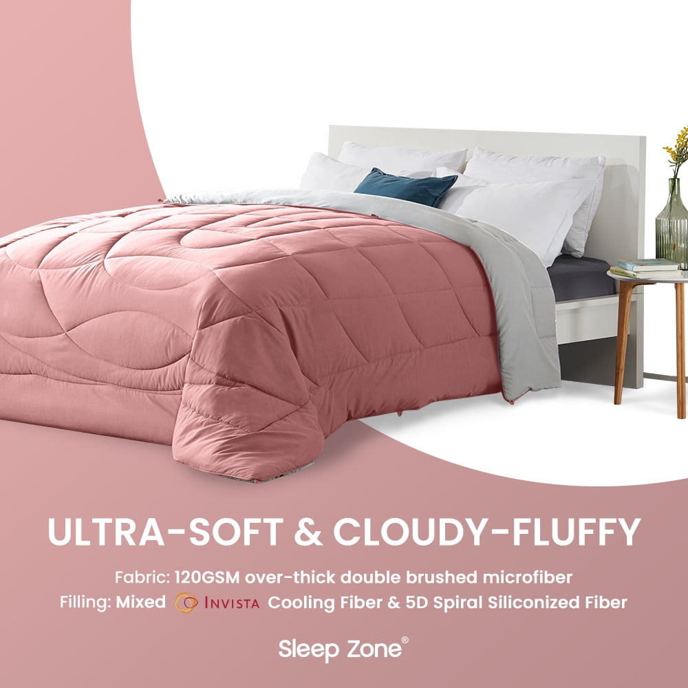 Sleep Zone King Size Comforter Duvet Insert, Down Alternative Reversible Comforter, Lightweight, Soft and Breathable Bedding All Season, A Side Pink + B Side Grey