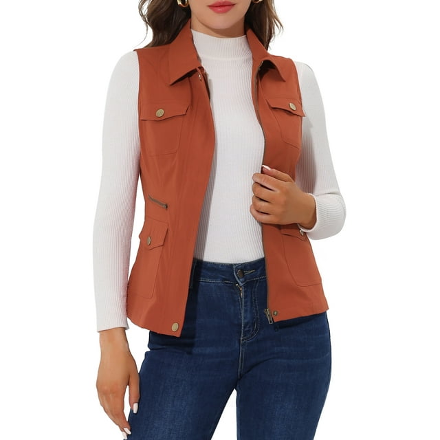INSPIRE CHIC Veste Zippée pour Femme Sans Manches Anorak Gilet Utilitaire Veste avec Poches m Orange Rouge