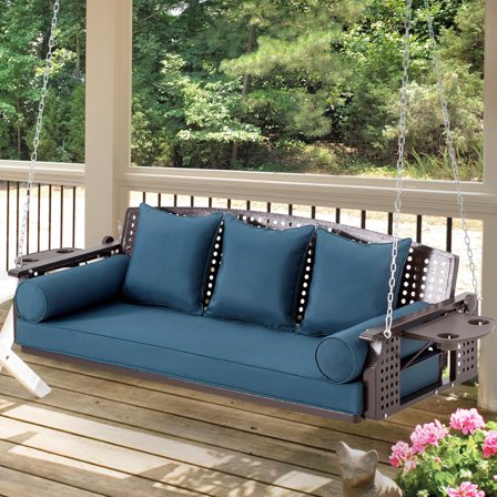 3 Seat Porch Swing, Patio Swing Bench with Cup Holders & 3 Back Cushions, Swing Chair with Chains for Deck Garden Backyard,Peacock Blue