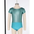 thumbnail image 3 of YiZYiF Kids Girls Shiny Metallic Fish Scale Print Ballet Dance Leotard Short Sleeve Cutout Back Gymnastics Unitard Turquoise 5T, 3 of 7