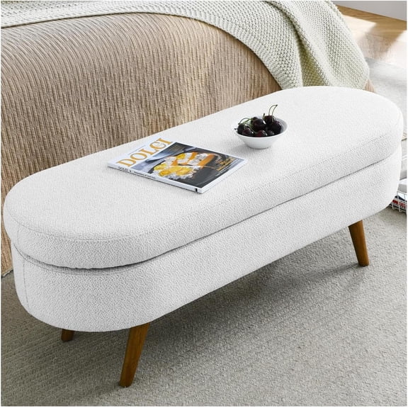 Historyli 43.5IN Oval Linen Upholstered Storage Ottoman Bench with Wood Legs and Safety Hinge,Foot Stool for Living Room,Sofa,250LBS Capacity,White