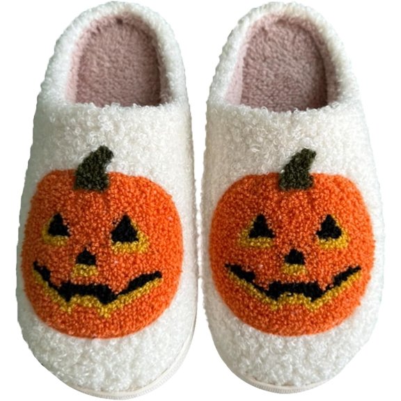 Halloween Slippers for Women,Soft Plush Comfy Halloween Pumpkin Slippers Slip-on Cozy Indoor Outdoor Slippers Fluffy House Slippers