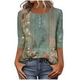 thumbnail image 2 of Women's Graphic Printed T-shirts 3/4 Length Sleeve Tees Crew Neck Spring Fall Summer Tops with Buttons (XL, Army Green), 2 of 7