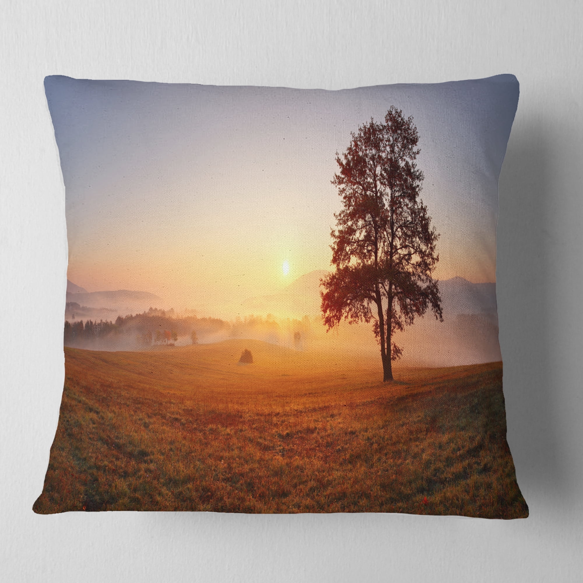Designart Lonely Tree at Sunset - Landscape Photography Throw Pillow - 18x18